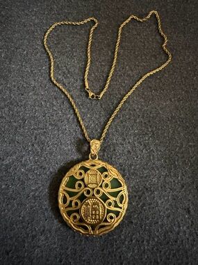 Gold-Tone Filigree Pendant Necklace with Green Enamel - Women Jewelry